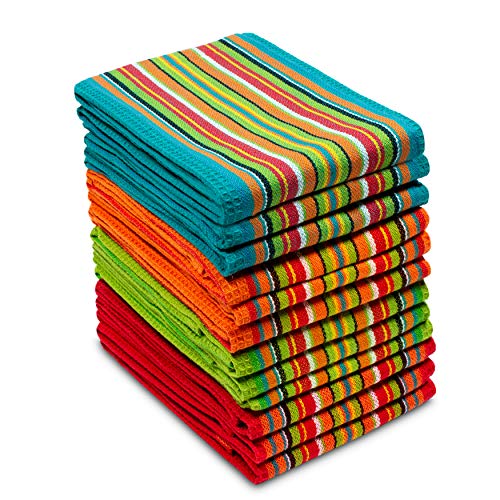 Cotton Craft Salsa Stripe Kitchen Towels Set - 12 Pack Multi-Color 16x28 Inches