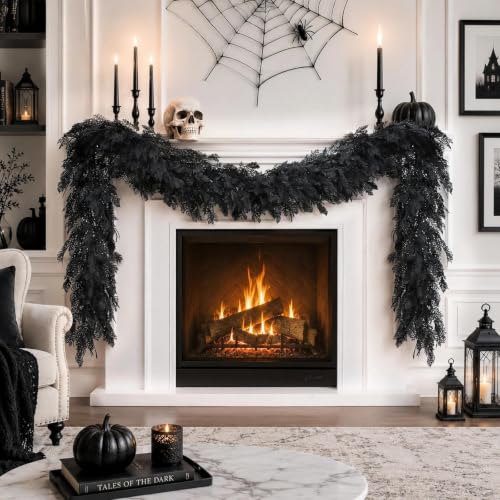 Halloween Garland 8.9FT Black Artificial Decor for Mantle Fireplace & Porch - Real Touch Cedar Cypress Pine - Variation 1