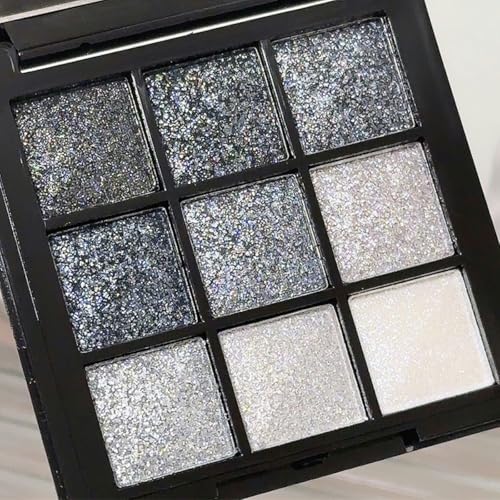 9 Colors Glitter Eyeshadow Palette - Black Silver Grey Smokey Eye Makeup - Variation #Black Silver