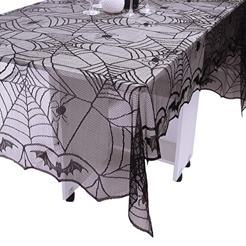 95x45 Inch Halloween Lace Tablecloth with Spider Web and Bat Pattern - Rectangular Polyester Decor