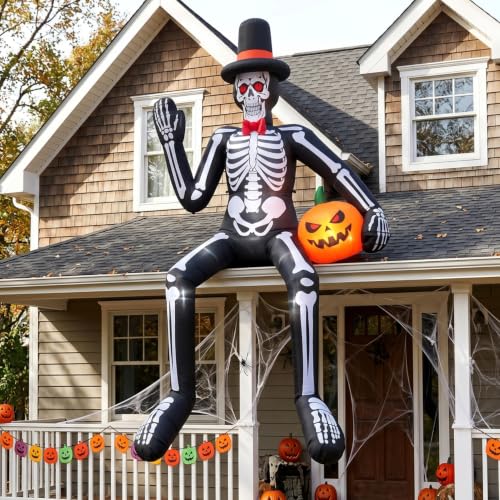 14FT Halloween Inflatable Sitting Skeleton with Pumpkin - Outdoor Yard Decor