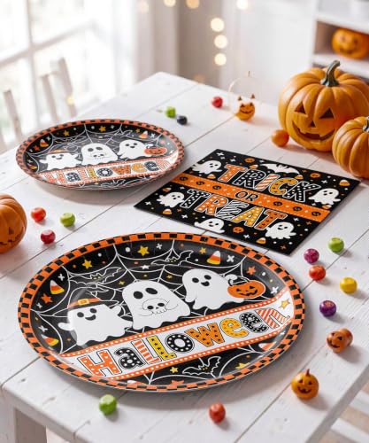 Halloween Paper Plates and Napkins Set - Black White Ghost, 9-inch & 7-inch, Round, Heavy Duty, Spooky Gothic Party Supplies, Variation: Black White Ghost / Round / 9inch 7inch
