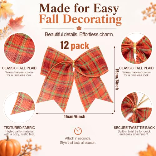 Fall Buffalo Plaid Bow Decorations - 6 Inch Set of 12 in Orange, Green, Red