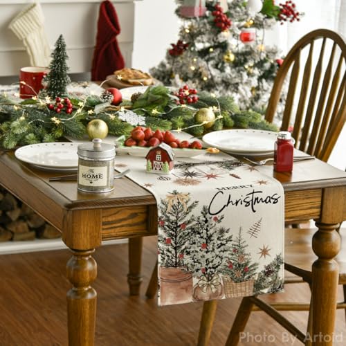 Holly Pine Cone Xmas Table Runner 13x108 Inch Beige Holiday Home Decor