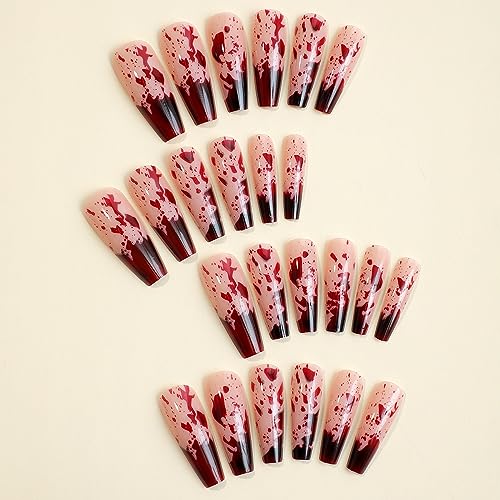 Halloween Gothic Fake Nails Long Coffin Style with Bloody Design - 24Pcs