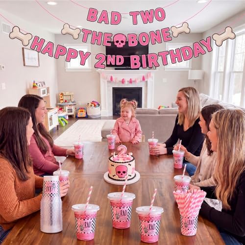 FillTouch 50 Pcs Halloween Skeleton Bone Plastic Cups with Lids & Straws - Bad Two the Bone Variation