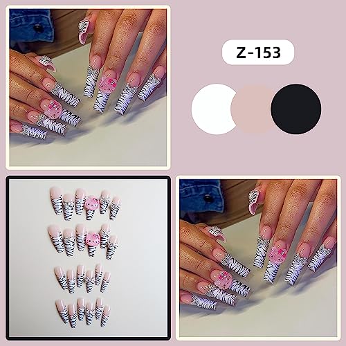 Leopard Print Press On Nails with Charms - Long Coffin Fake Nails for Women, 24 Pack