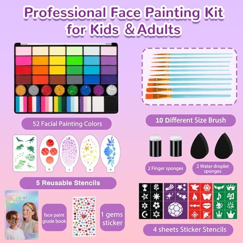 Kids Face Painting Kit with 52 Colors, Brushes, Glitter, Stencils & Accessories