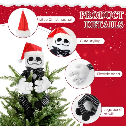 Halloween & Christmas Tree Topper Decorations - Cute Plush Jack Huggers with Santa Hat - Poseable Handmade Party Decor - Jack with Santa Hat Variation