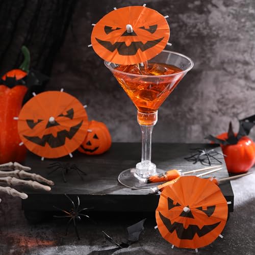 Halloween Pumpkin Cocktail Umbrella Picks - 100 Pack Party Decor