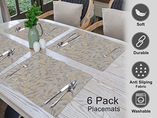 Cotton Placemats Set of 6 - 13x19 Inch Leafy Reversible Table Mats
