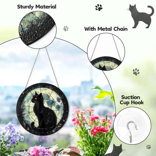 Black Cat & Moon Stained Glass Suncatcher Window Hanging Decoration - Variation: Black Cat