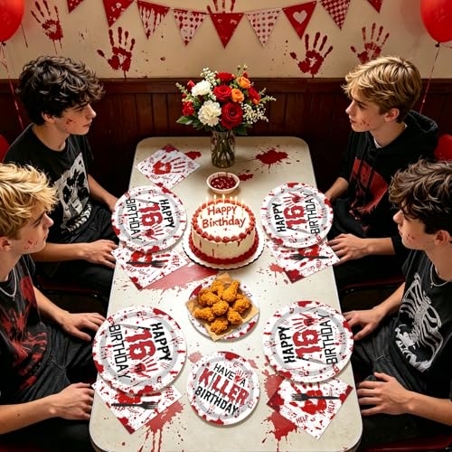 Bold Thriller Style Bloody 16th Birthday Party Plates & Decor Set - Serves 24