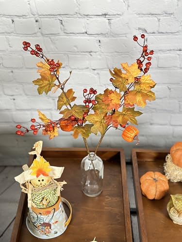 Artificial Fall Flowers Spray Set - 20 Inch Autumn Faux Flowers with Mini Pumpkins & Berries - Aztec Merigold Variation