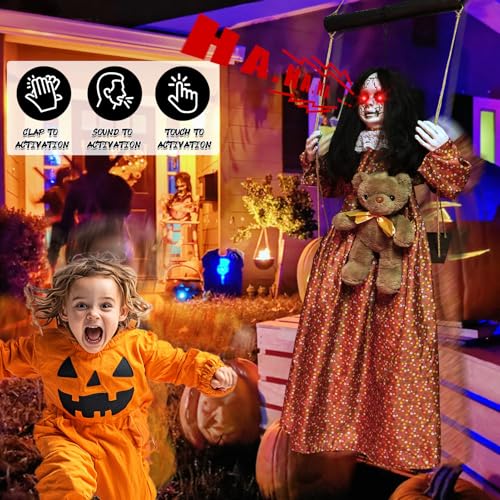 Scary Halloween Swing Ghost Decoration with Light-Up Eyes & Creepy Sound - Indoor & Outdoor Haunted House Props