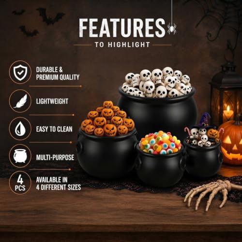 Black 4-Piece Halloween Witch Cauldron Bucket Set - 12, 10, 8 & 6 Inch Sizes