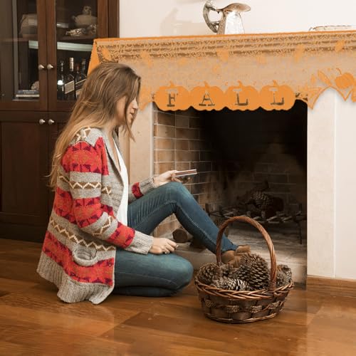 Fall Fireplace Mantel Scarf Orange Lace Decor for Thanksgiving and Halloween