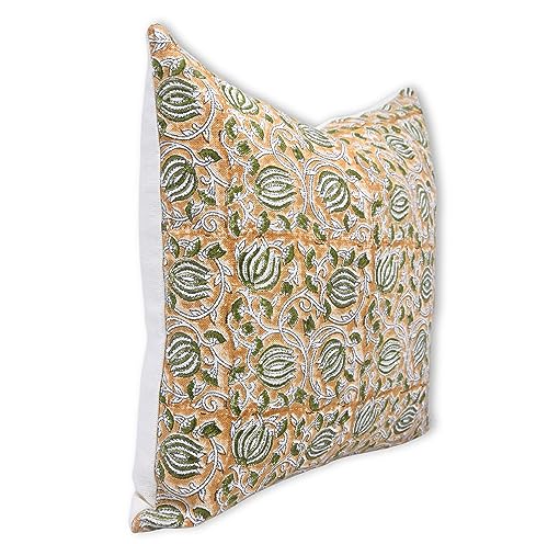 Mustard & Green Linen Throw Pillow Cover 20x20 Inches Handmade Farmhouse Cushion Cover with Invisible Zipper