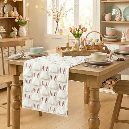 White Soft Plush Faux Fur Jacquard Easter Table Runner 13x36 Inch - Spring Holiday Home Decor