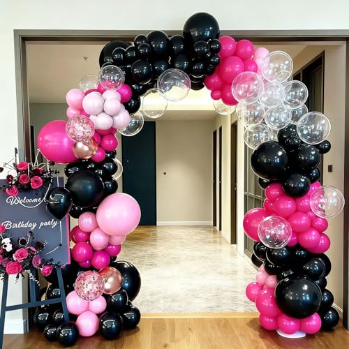 Pink and Black Balloon Garland Kit with Variations - Black Hot Pink Clear 113pcs