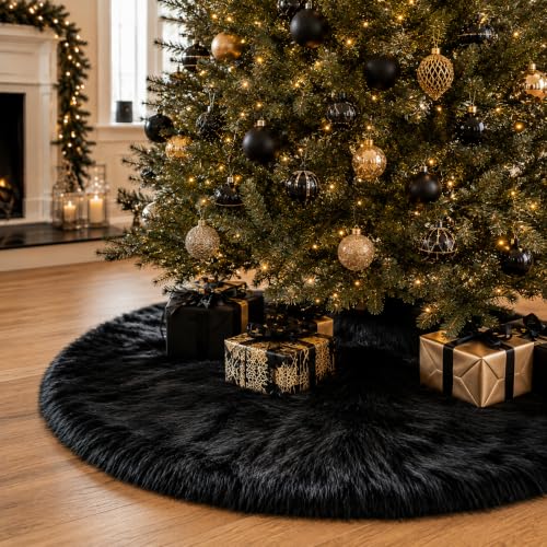 AISENO 60 Inch Black Faux Fur Christmas Tree Skirt - Holiday Decor for Xmas Tree