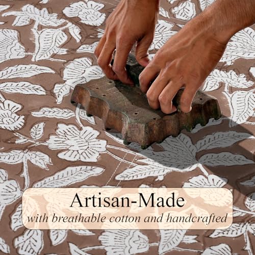 Ridhi Oak Brown Hand Block Print Cotton Square Tablecloth 60 x 60 Inch - Elegant Dining Decor