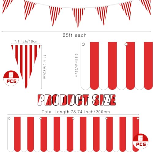 Preboun 12 Pcs Carnival Circus Tent Party Decorations Red White Striped Hanging Banner with Triangle Bunting Flags - Variation 12