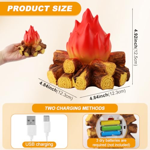 Small Fake Campfire Night Light - 3D Flickering LED Fire Flame with Log for Home Decor