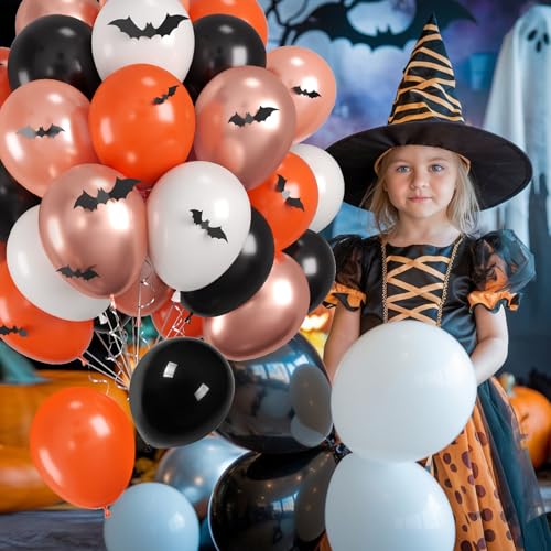Halloween Balloons Set - Black Orange White Rose Gold with 3D Bat Stickers - 60PCS, Variation: Black Orange Rose Gold