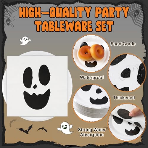 White Ghost Paper Plates & Napkins Set - Halloween Party Disposables for 60 Guests - Classic Ghost Design