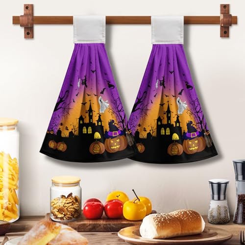 Halloween Pumpkin Castle Hanging Kitchen Towels 2 Pcs Spooky Ghost Bat Hand Towels