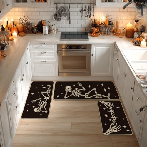 Halloween Kitchen Mats Set of 3 - Non-Slip Small, Medium, Large Rugs - Black