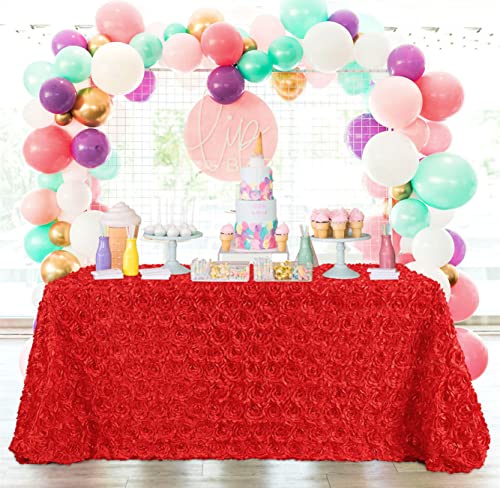 Red 90x156 Inch Satin Rosette Tablecloth - Floral Wedding Event Decor