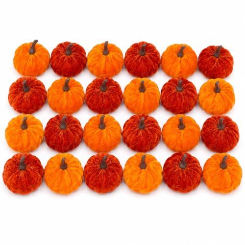 Orange Velvet Artificial Pumpkins Set - 24 Pcs Fall Decor for Thanksgiving & Halloween - Variation of Orange-24 Pcs
