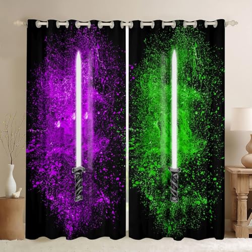 Light Saber Window Curtains Set - Purple Green Tie Dye for Kids Bedroom & Living Room, 52 x 84 Inches, 2 Panels