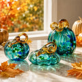 Green Blown Glass Pumpkins Figurines - Fall Thanksgiving Halloween Decor - Set of 3
