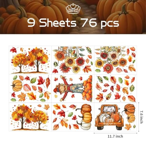 Fall Static Window Clings Set - Autumn Decor Stickers for Home & Office, 9 Sheets 76 pcs - Fall Harvest