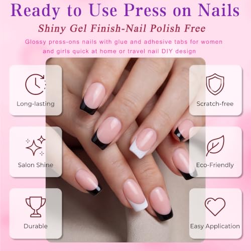 240P Short Square French Tip Press On Nails with Glue - Black & White Variation