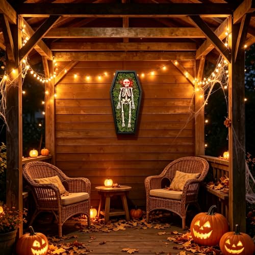 Halloween Skeleton Wall Art with Glowing Eyes - Black/White Full Body Skeleton Decor