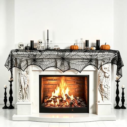Halloween Black Lace Spiderweb Mantel Scarf - Indoor Fireplace & Table Decor