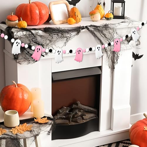 Halloween Felt Ghost Garland - Pre-Strung Pink & White Ghosts with Felt Balls, 8.2 Feet Home Holiday Decor