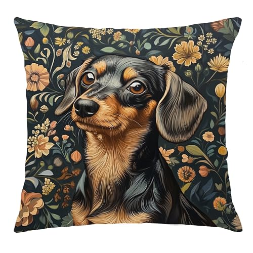 Dachshund Floral Decor Pillow Cover 18x18 - Rustic William Morris Inspired