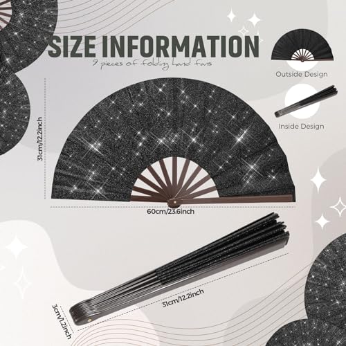 Halloween Glitter Black Folding Hand Fans Set - 9 Pack for Party & Celebration