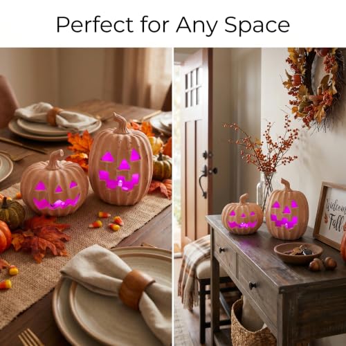Orange Terracotta Jack-o’-Lantern LED Halloween Pumpkin Decor Set of 2