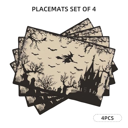 Halloween Witch Castle Placemats Set of 4 Washable Dining Table Decor - Mutakin