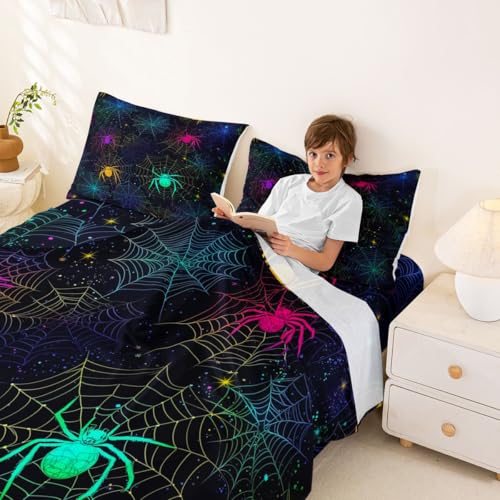 Halloween Spider Sheet Set Queen Rainbow Iridescent Bed Sheets with Glitter Stars & Web - Multi 19