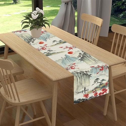 Japanese Ink Painting Cherry Blossom Table Runner - Rustic Asian Garden Decor 13x36 Variation of THIS listing