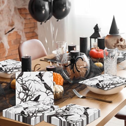 Halloween Paper Napkins with Black Crows & Silhouette Tree Design - 40 Pack