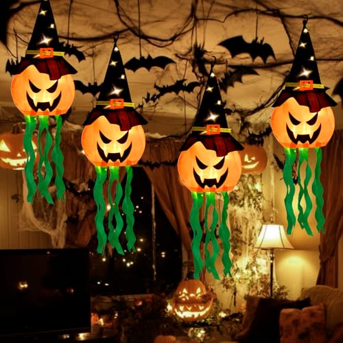 Halloween Glowing Pumpkin Witch Hat Decorations Set - 4 Pack with 3 Light Modes