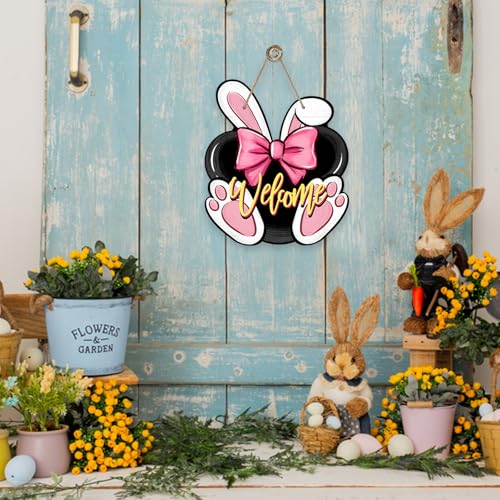 Pink Bunny Welcome Easter Front Door Sign - Bunny Rabbit Ears Wood Hanger